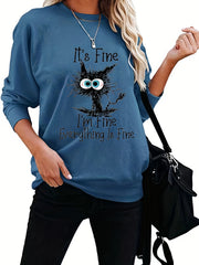 Cartoon Cat Sweatshirt Casual Crew Neck Women's Clothing