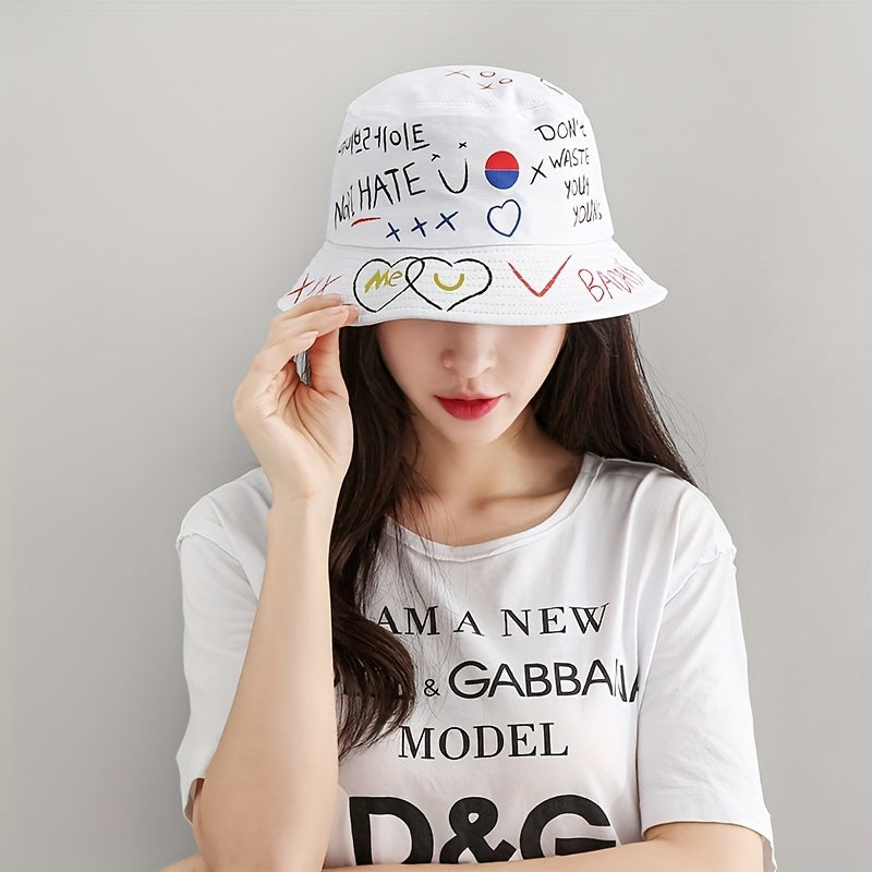Hip Hop Graffiti Bucket Hat Short Brim Printed Basin Hat Unisex Couple