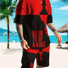 Men's King Print T shirt & Breathable Shorts Set For Outdoor