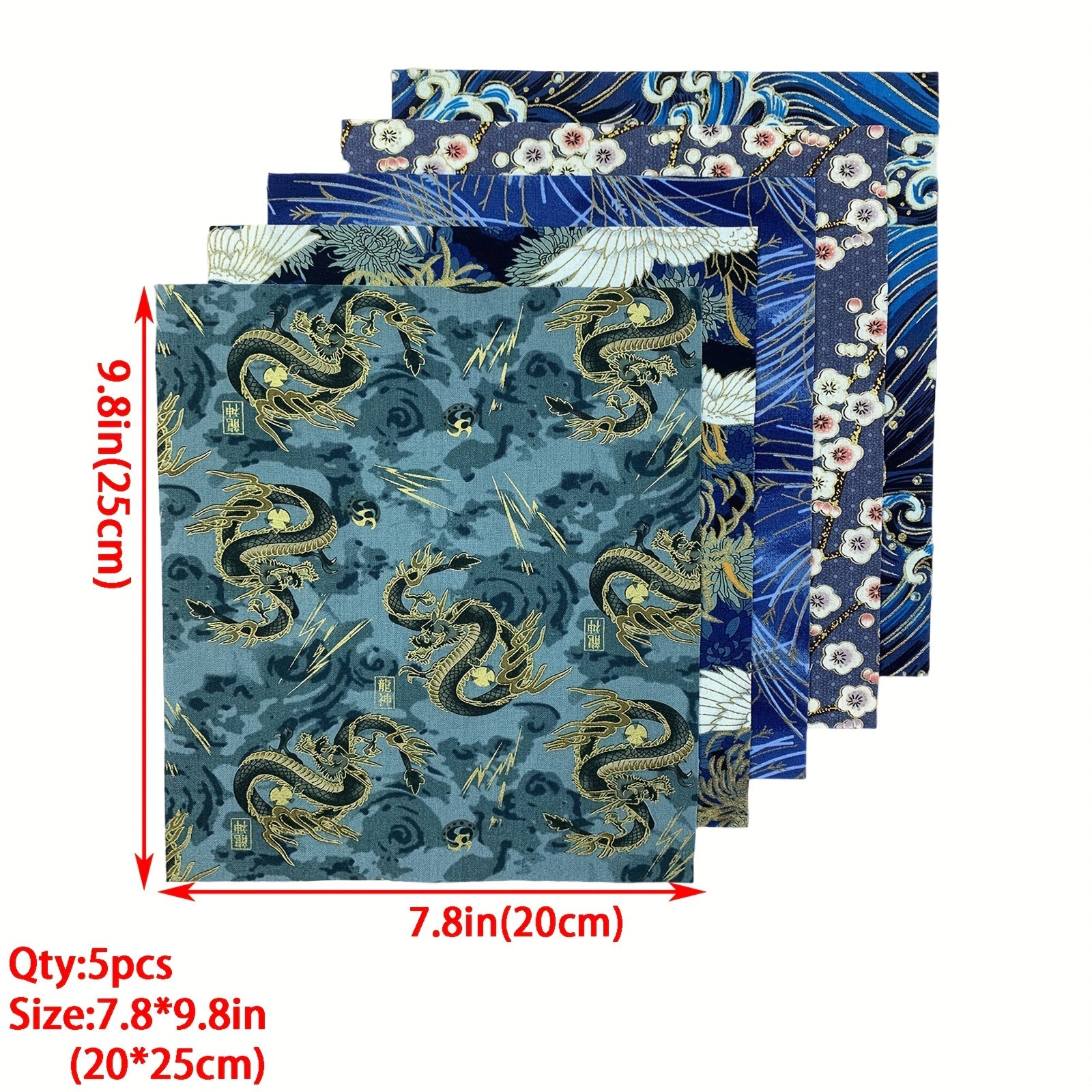 5pcs DIY Dragon Sewing Flower Cotton Fabric For Quilting Craft 7-8in 9-8in