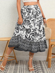 Floral Print Boho Holiday Skirt Elastic Waist
