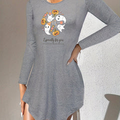 Ghost Print Night Dress Crew Neck Long Sleeve Pajama Dress Women's Sleepwear