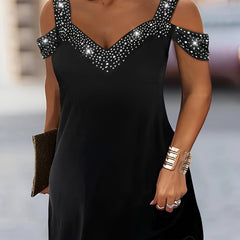 Rhinestone Print Cold Shoulder V Neck Mini Dress