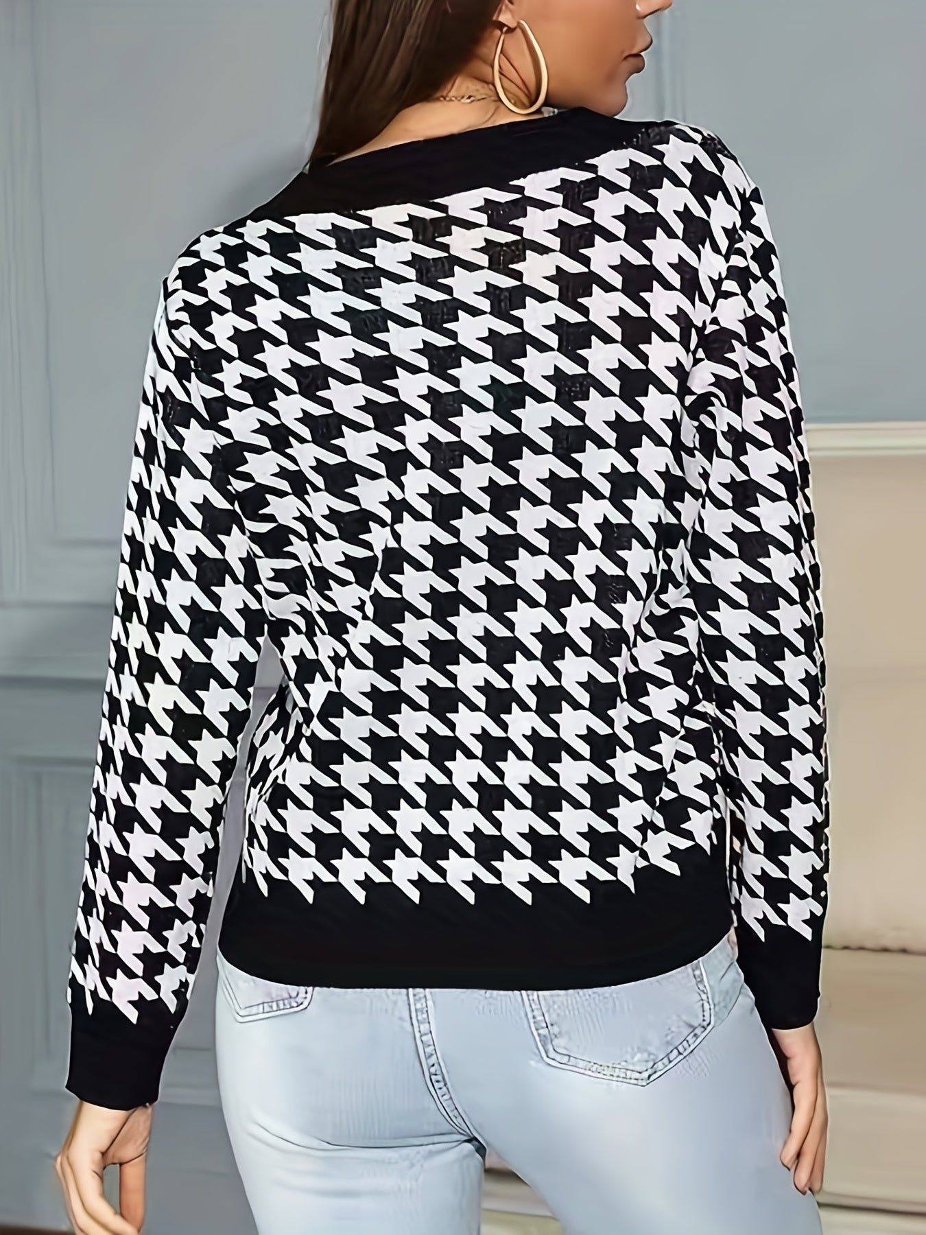 Casual Houndstooth Print V Neck Sweater