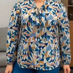 Casual Blouse Women's Plus Geometric Print Lantern Sleeve Tie Front