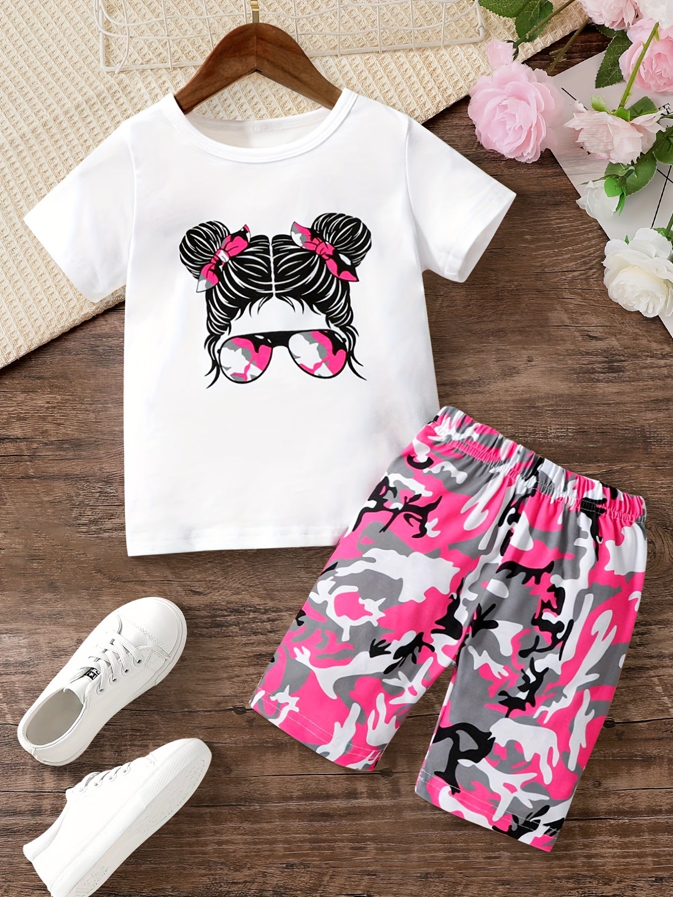 Girls Pink Camo Portrait Graphic Tee & Bike Shorts Set