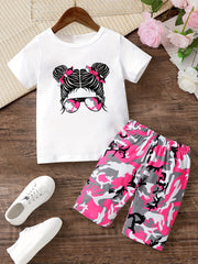 Girls Pink Camo Portrait Graphic Tee & Bike Shorts Set