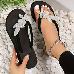 Women's Rhinestone Flower Slippers Wedge Heel Flip Flops