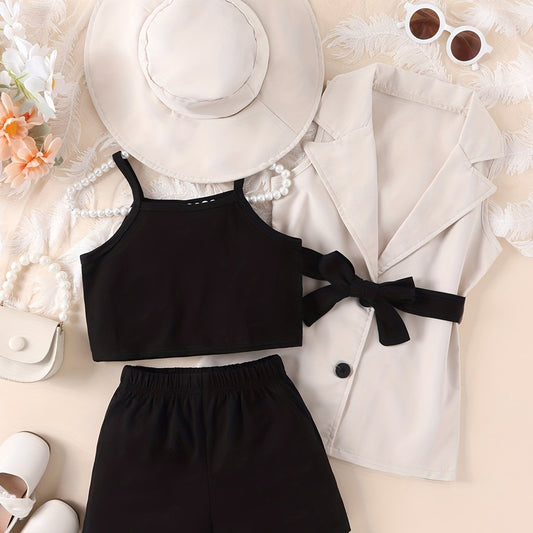 Girls Cami Top & Elastic Waist Shorts & Lapel Vest & Hat Set With Belt