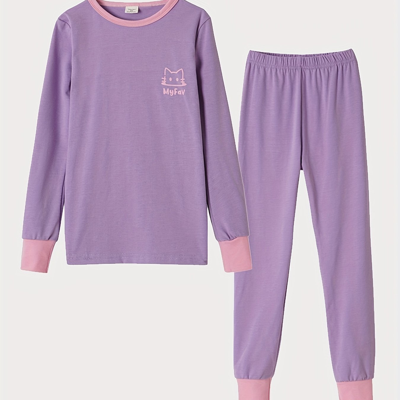2pcs Kids Cat Print Pajama Set Long Sleeve Top & Pants