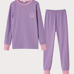 2pcs Kids Cat Print Pajama Set Long Sleeve Top & Pants