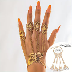 Butterfly Finger Ring Bracelet Punk Style Golden plated Alloy Hand Jewelry