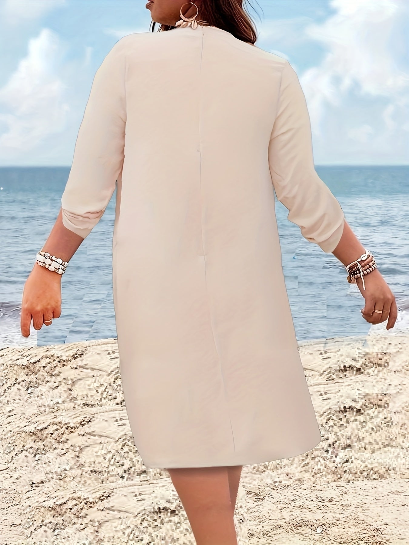 Casual Kaftan Dress Women's Plus Roll Up Long Sleeve Dress