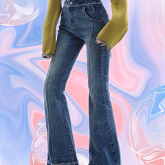 Frayed Trim Pintuck Jeans High Waist Slim Fit Flared Jeans