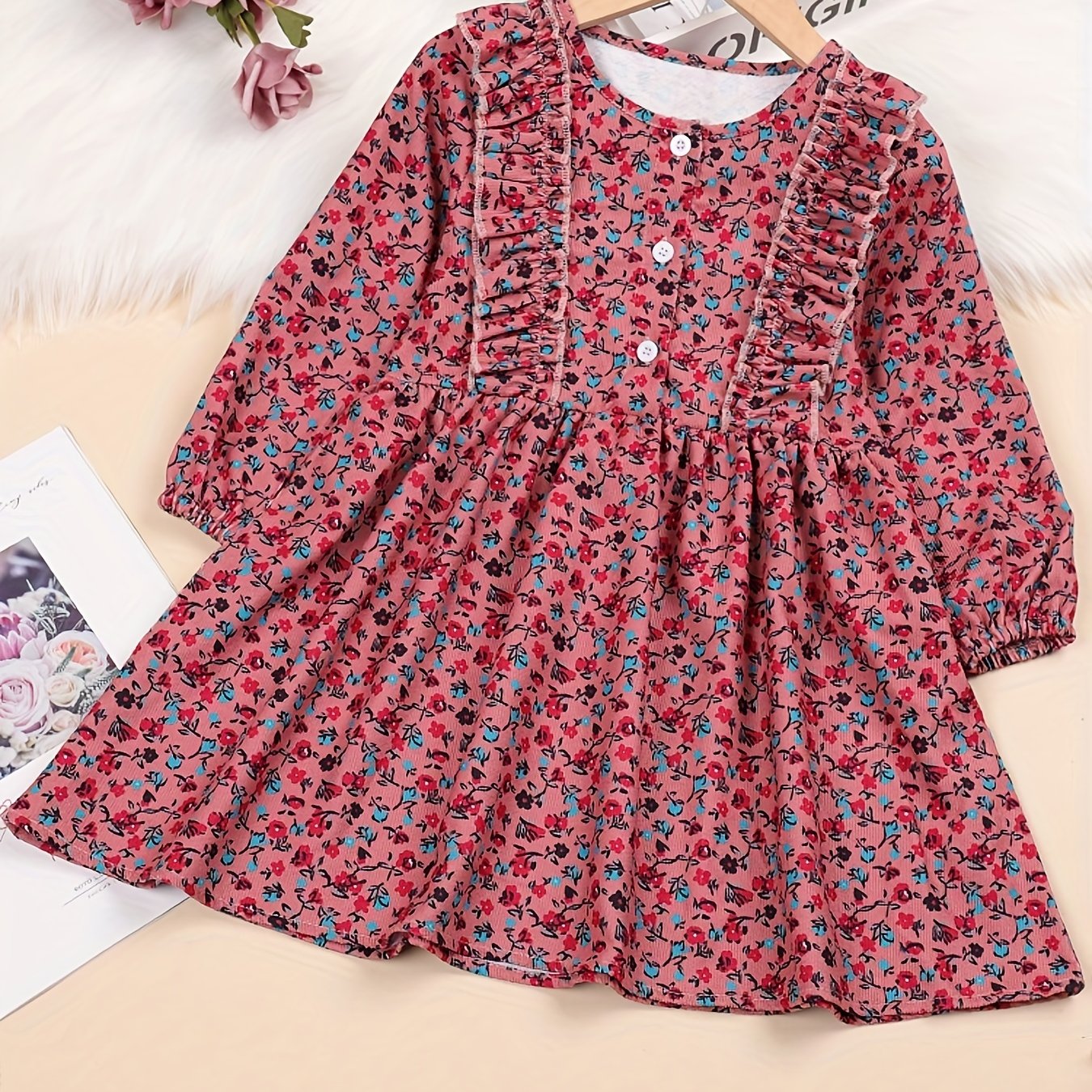 Girls' Corduroy Long Sleeve Floral Round Neck Dress