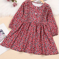 Girls' Corduroy Long Sleeve Floral Round Neck Dress