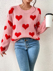 Heart Pattern Crew Neck Pullover Sweater Women's Clothing