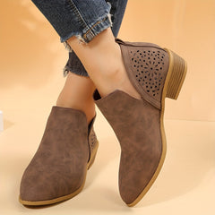 Women's Back Hollow Out Point Toe Chunky Heel Short Boots Slip On Ankle Boots