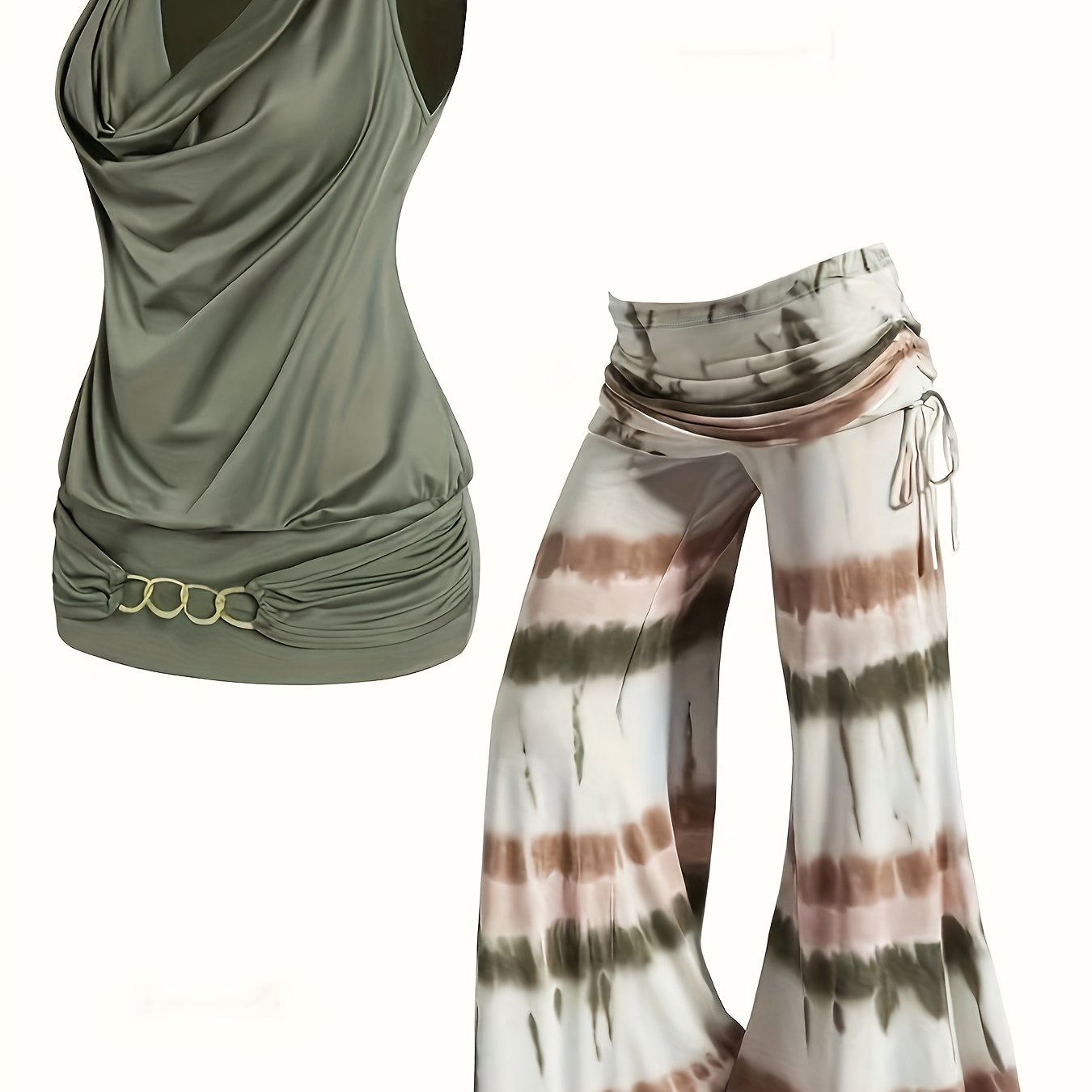 Chain Cowl Neck Tank & Tie Dye Lace Up Pants Set