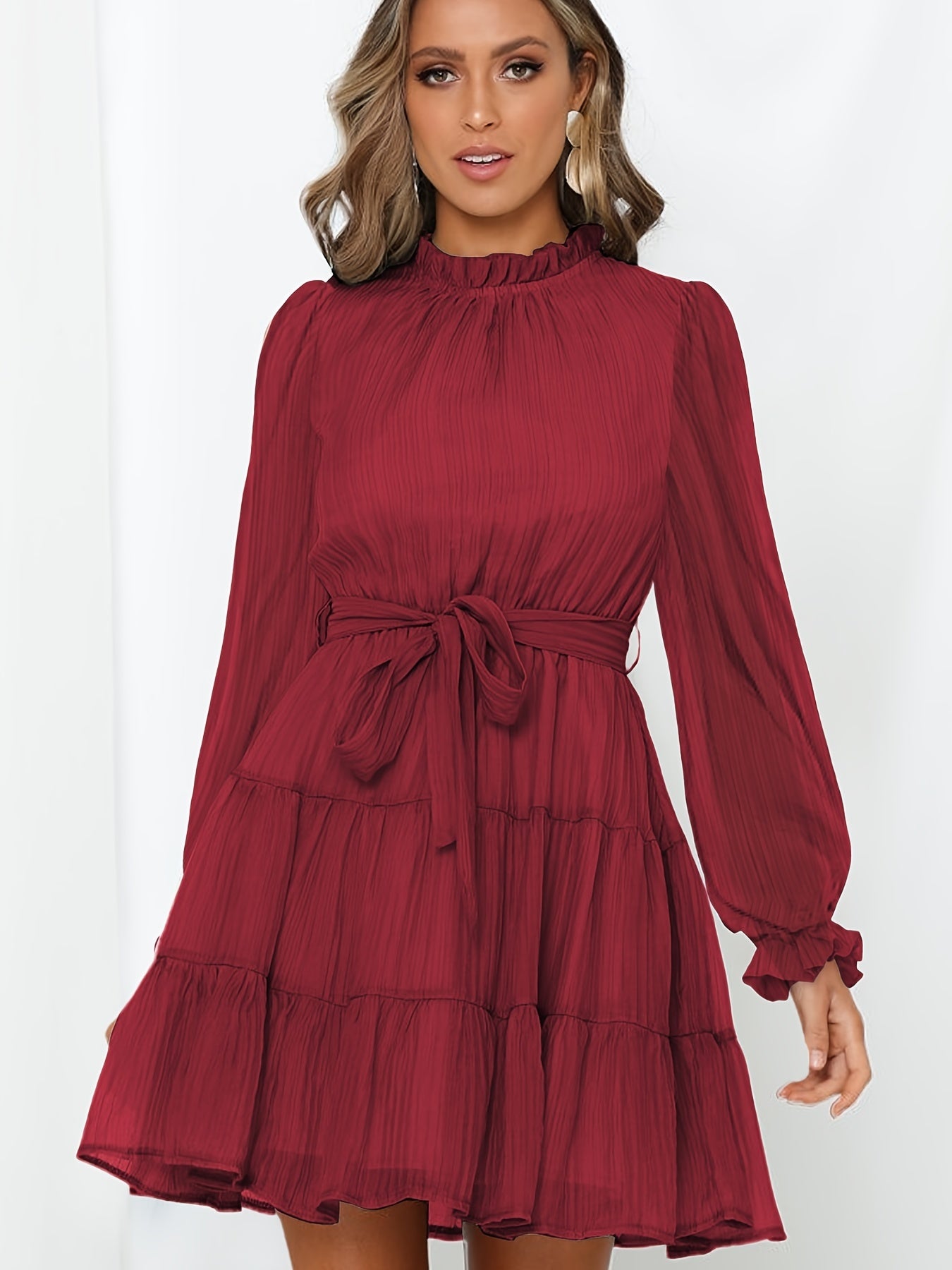 Ruffle Neck Belted Dress Long Sleeve Solid