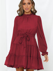 Ruffle Neck Belted Dress Long Sleeve Solid