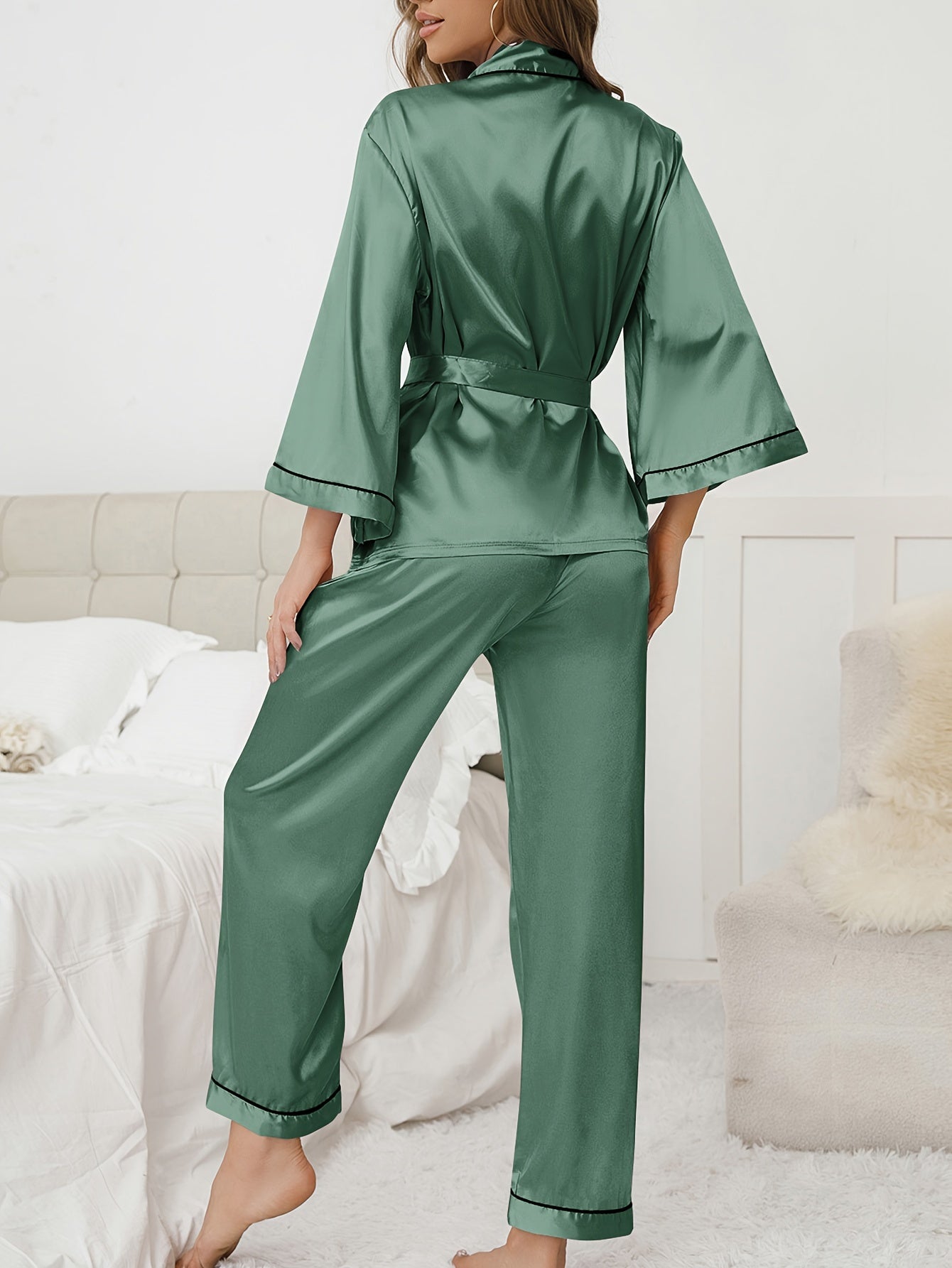 Satin Pajama Set Long Sleeve Top & Pants Women's Sleepwear