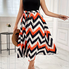 Colorblock Stripe Print Scoop Neck Tank Dress With Belt