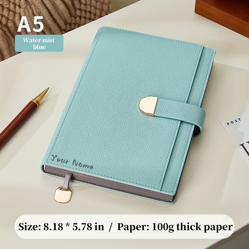 Personalized A5 Faux Leather Notebook with Golden Clasp & Name Label