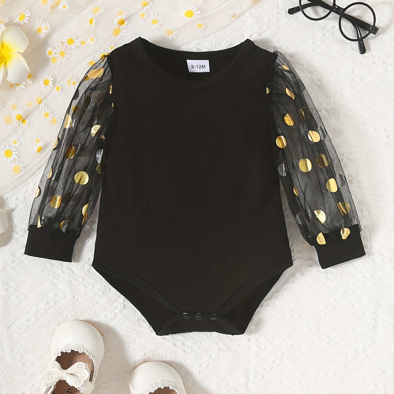 Baby Girls Mesh Dotted Long Sleeve Romper Creeper