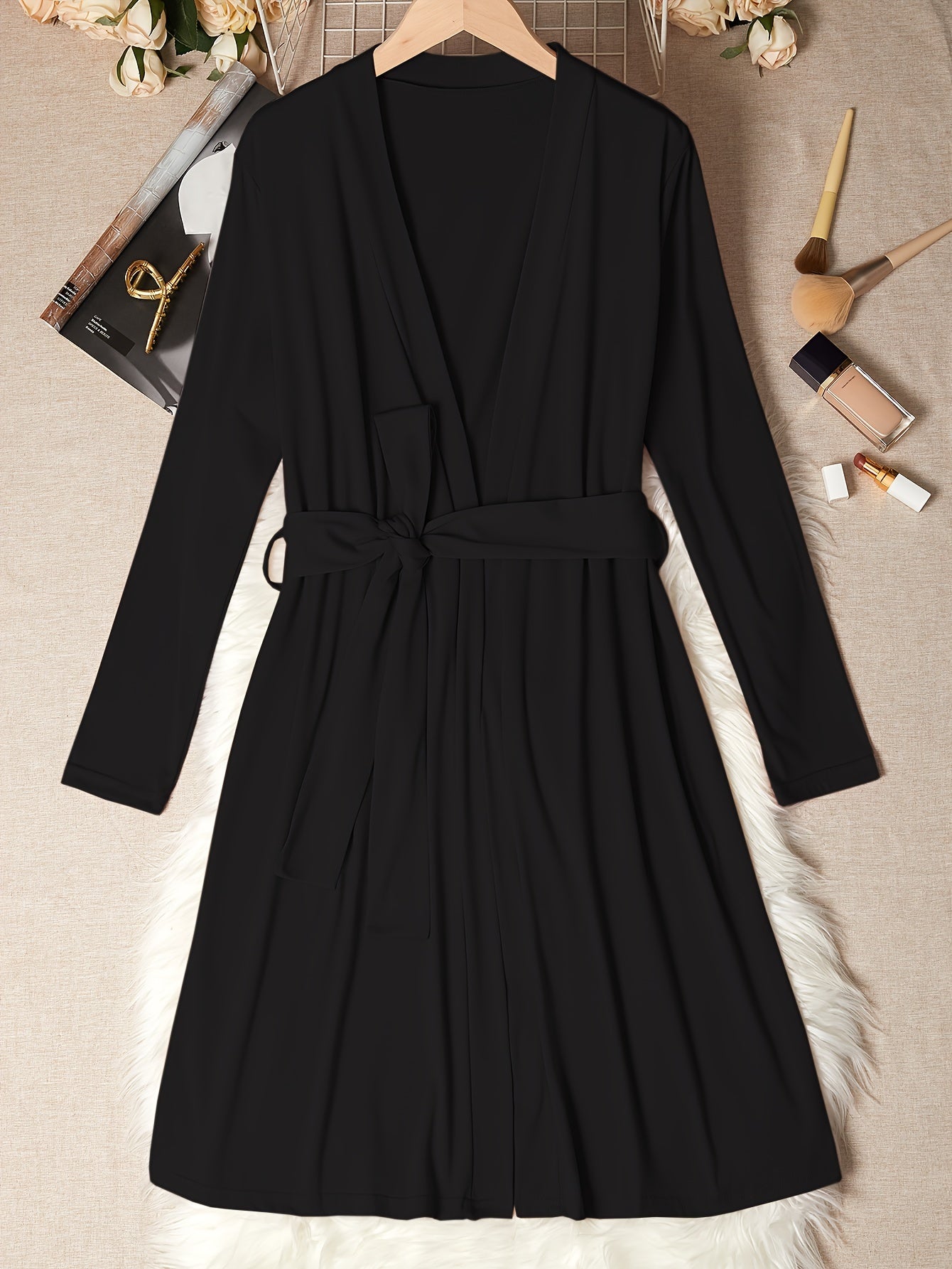 Women's Solid Night Robe Long Sleeve V Neck With Belt