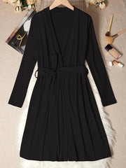 Women's Solid Night Robe Long Sleeve V Neck With Belt