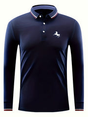 Men's Horse Print Polo Shirt Casual Stretch Button Up Long Sleeve Shirt