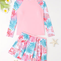 Girls Swimsuit 2pcs Long Sleeve T shirt & Skirts Tropical Floral Print
