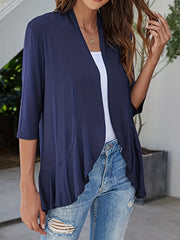 Solid Three Quarter Sleeve Ruffle Open Front Cardigan