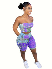 Sexy Paisley Print Two piece Set Crop Cami Top & High Waist Shorts