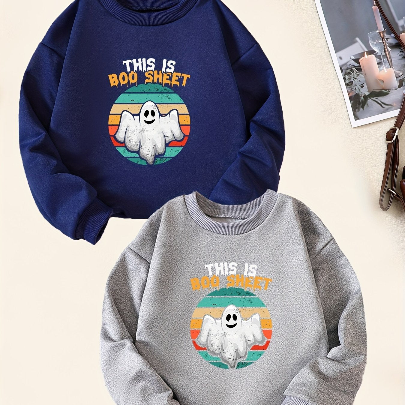 2pcs Halloween Boo Print Boys Pullover Sweatshirt Crew Neck Tops Kids Clothing