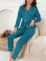 Satin Pajama Set Long Sleeve Top & Elastic Waistband Pants