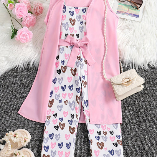Girls Cartoon Heart Graphic Jumpsuit & Outwear Set - Summer Holiday Party