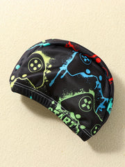Boys Gamepad Print Swim Trunks & Cap Set for Beach Vacation