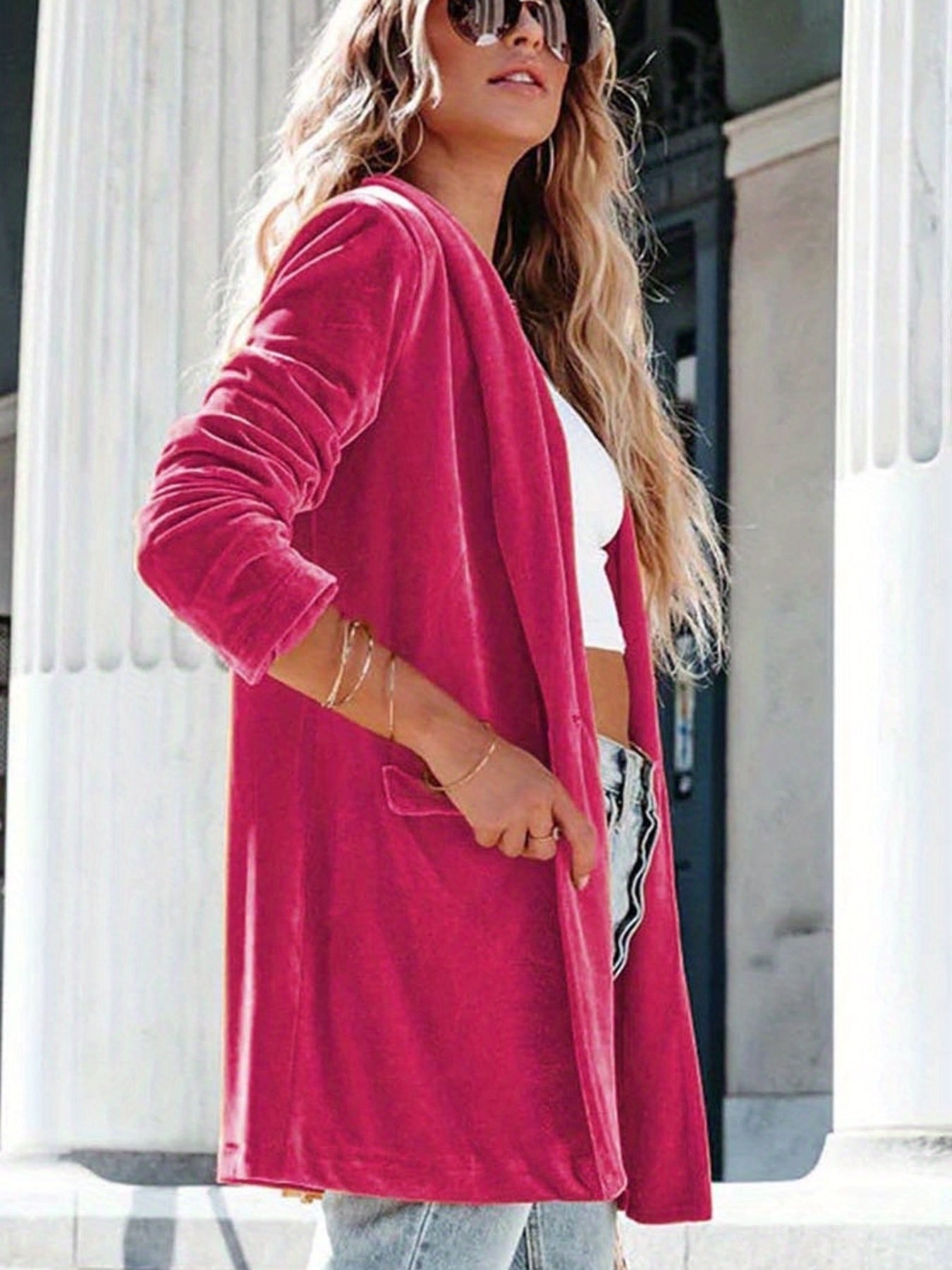 Solid Open Front Cardigan with Pockets for Women
