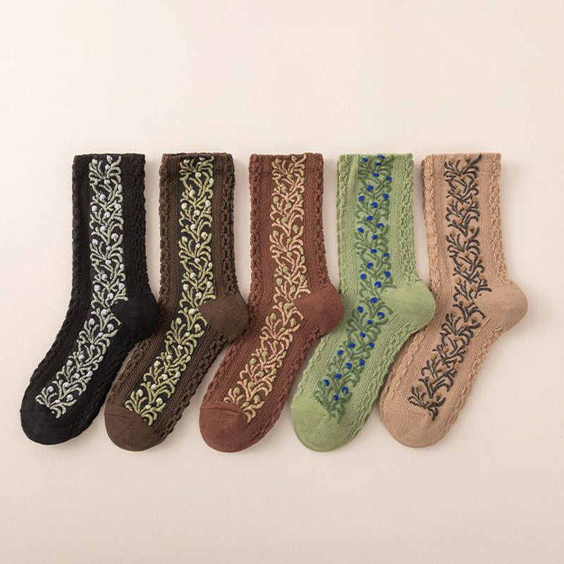 5 Pairs Floral Print Socks Comfy & Breathable Women's Mid Tube Stockings