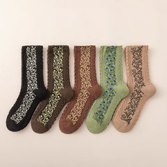 5 Pairs Floral Print Socks Comfy & Breathable Women's Mid Tube Stockings