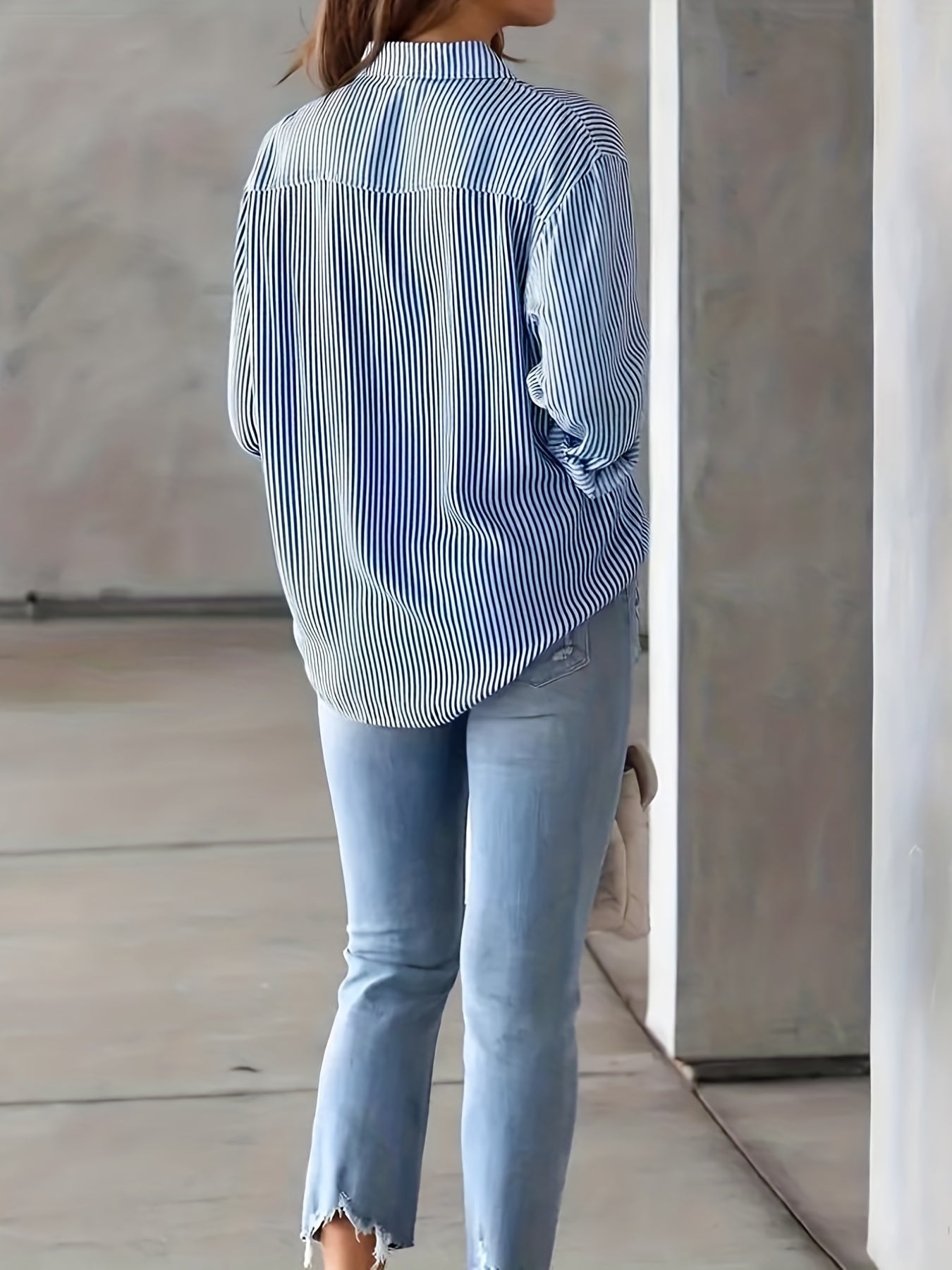 Stripe Print Button Up Long Sleeve Blouse