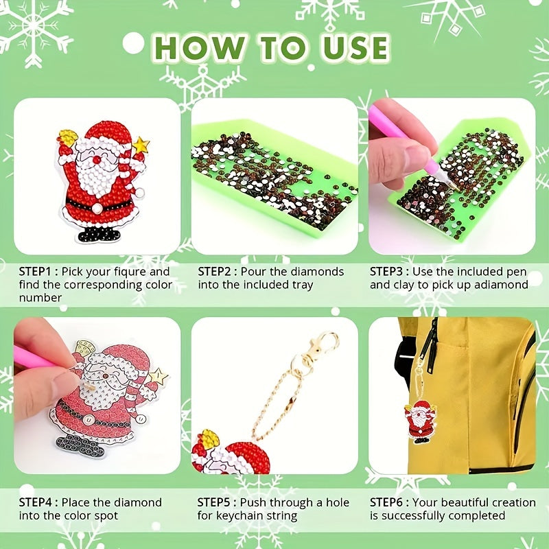 12pcs Christmas Diamond Painting Keychains Santa Claus Art Kits