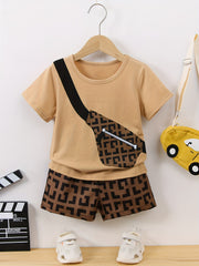 Boys Messenger Bag Print T Shirt & Geometry Print Shorts Set