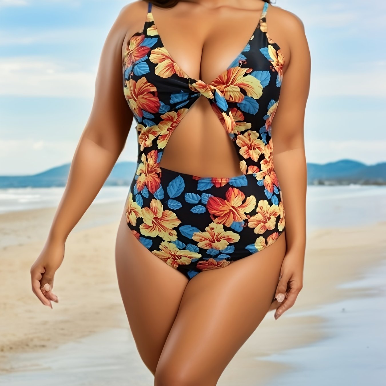 Retro Swimsuit Floral Print Cut Out Twist Front Tummy Control