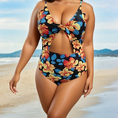 Retro Swimsuit Floral Print Cut Out Twist Front Tummy Control