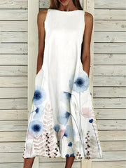 Floral Print Sleeveless Dress Casual Summer Midi Dress With Pockets