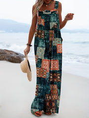 Hippie Patchwork Overall Jumpsuit Boho Sleeveless Wide Leg Jumpsuit