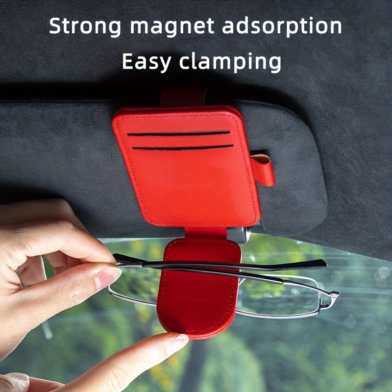 Car Sunglass Holder - Magnetic Leather Clip for Storing Glasses